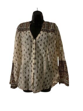 Billabong Boho-Style Button-Down Paisley Print Cotton Blouse With Bell Sleeves &